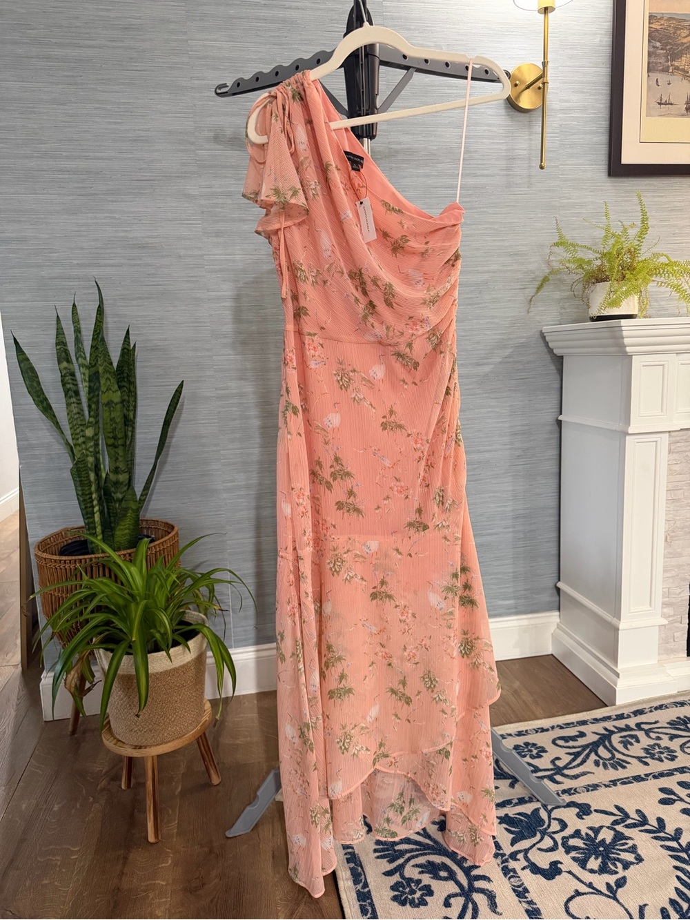 Banana Republic Coral Pink Floral One-Shoulder Maxi Dress
